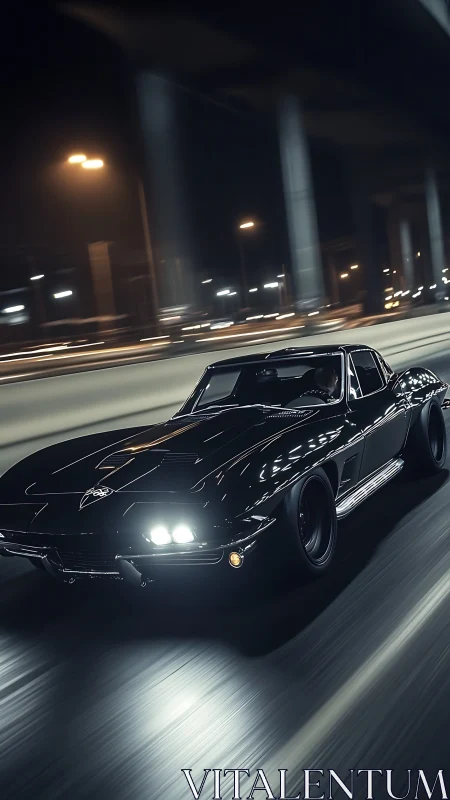Black classic sports car on urban highway at night scene.