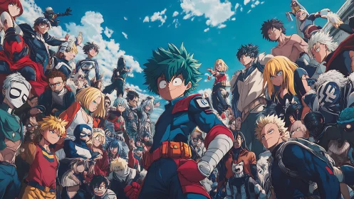 Hero students assemble under bright sky in tense formation