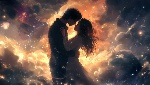 Two figures kissing amid glowing orange flames and cosmic clouds