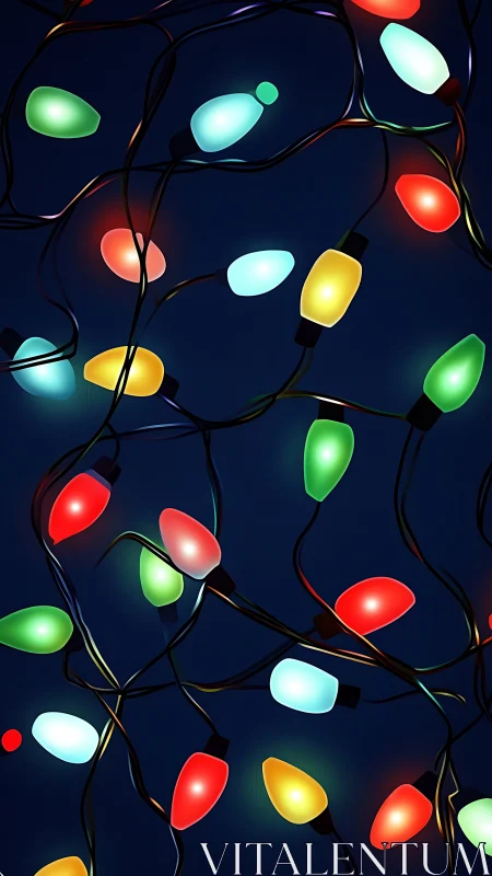 Digital painting of tangled multicolor festive string lights.