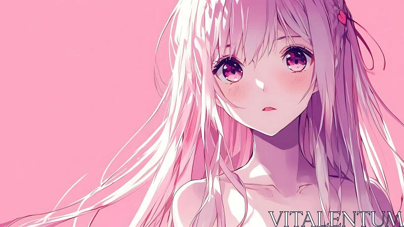 Soft pink anime girl gazes ahead in tender quiet emotion
