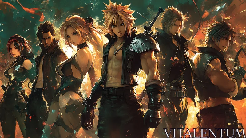 Fierce anime heroes gathered in glowing embers of battle.