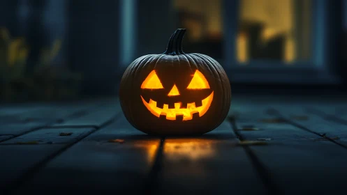 Illuminated carved pumpkin on porch at dusk period.