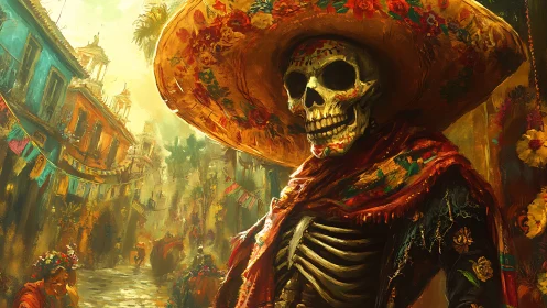 Skeleton in fiesta finery strolling a glowing festival street.