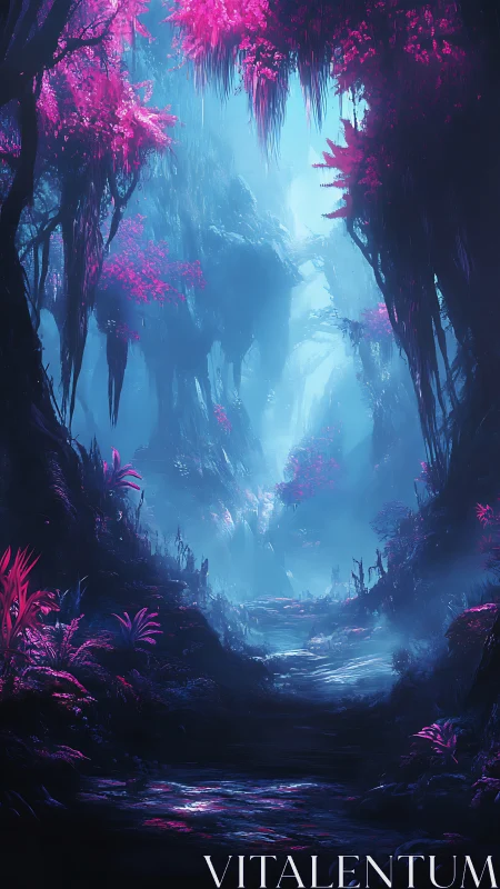 Neon forest canyon glows beneath ethereal blue mist.