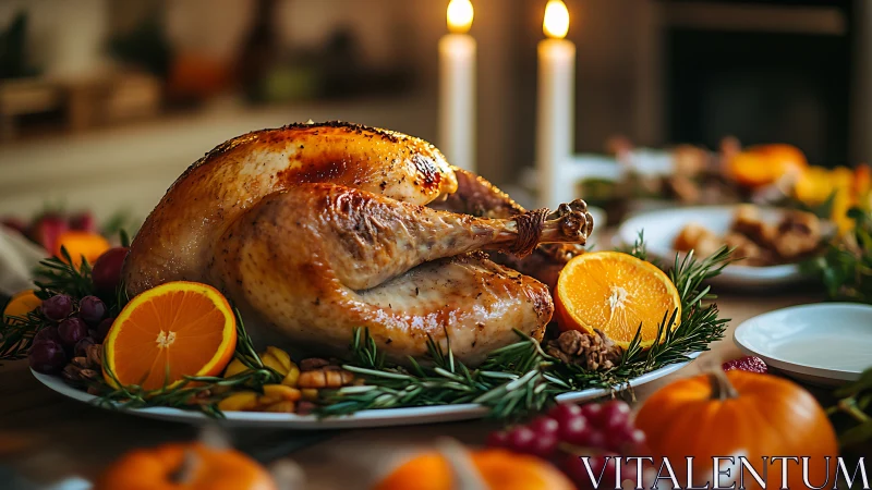 Roasted holiday turkey with citrus garnish and candlelit table.