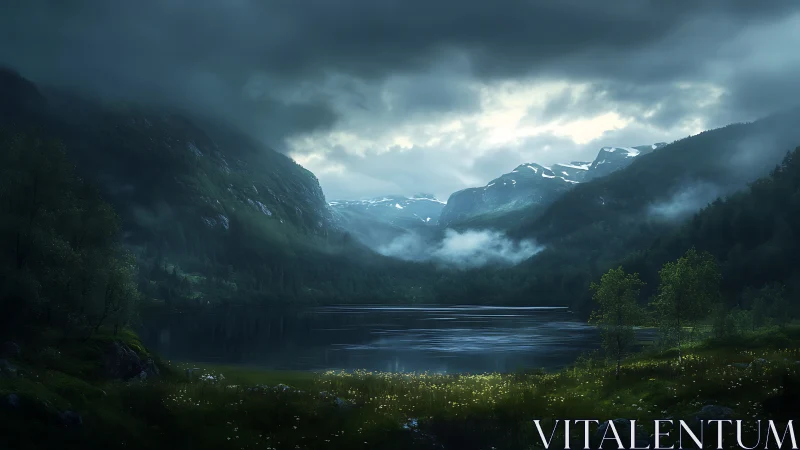 Overcast mountain lake scene shows mist and distant snowcaps