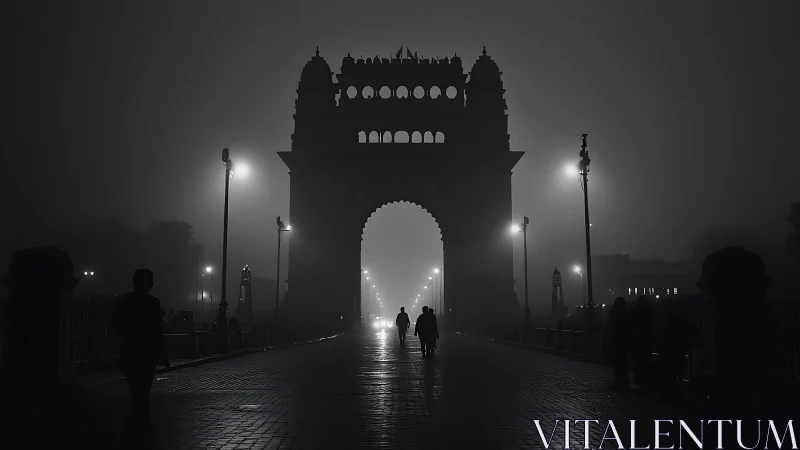 Fog-drenched monumental gate in dramatic night silhouette.