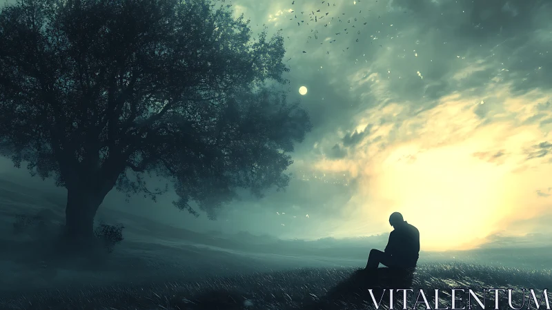 Solitary silhouette under tree in high-contrast dusk luminance.