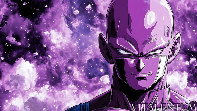 Purple humanoid figure against dense cosmic nebula field.