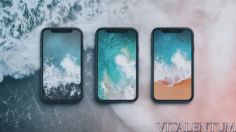 Three smartphones aligned over aerial ocean wave imagery.