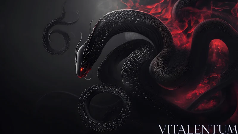 Serpentine abyss wyrm coils amid embers of crimson shadow.
