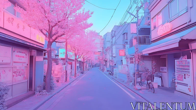Dreamy pastel city street glowing with soft cherry pink light.