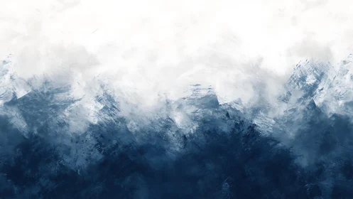 Abstract Blue and White Mountain Landscape in Watercolor Style.