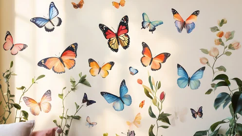 Color-rich butterfly wall composition in soft daylight.