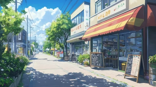 Sunny small-town Japanese street lined with cozy local shops.