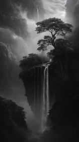 Monochrome vertical landscape with tall waterfall and tree.
