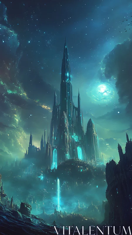 Starlit crystal citadel rising over a glowing misty realm.