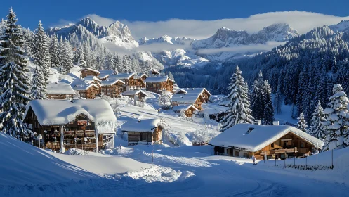 Snow-covered alpine village with chalets and conifer forest.