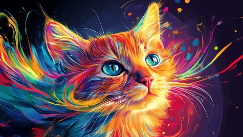 Multicolor Digital Cat Portrait with Neon Strokes.