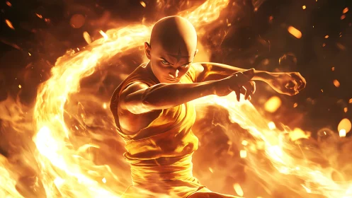 Fire-wreathed monk unleashes blazing martial power.