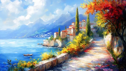 Mediterranean cliffside village under vibrant autumn light.