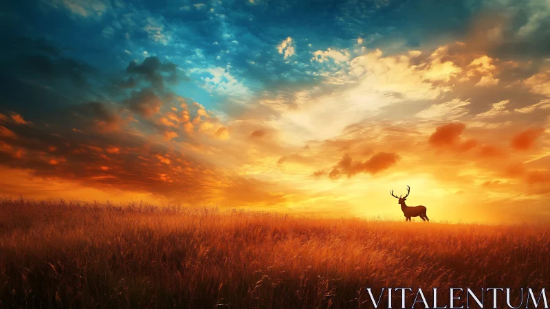 Majestic stag stands beneath blazing sunset sky over field.
