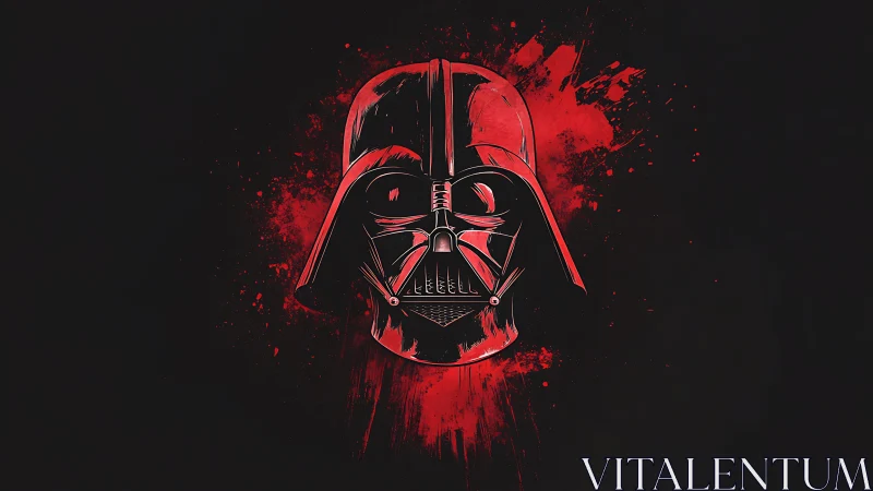Dark helmet portrait glows against red splatter field