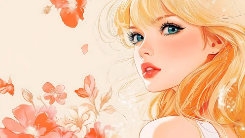 Blonde anime portrait with coral floral vector detailing.