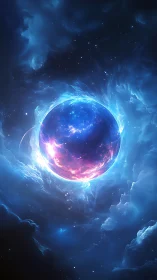 Starlit nebula cradle orbiting a luminescent newborn world.