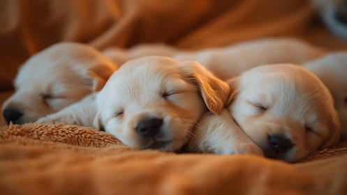 Three newborn puppies sleeping closely on soft blanket.
