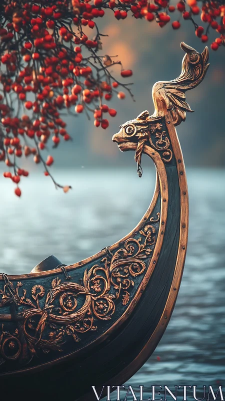 Ornate dragon‑prowed wooden longboat beneath red berries
