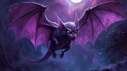 Violet bat dragon soars through moonlit fantasy forest.