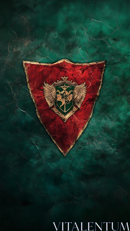 Red medieval shield with winged crest on green stone field.