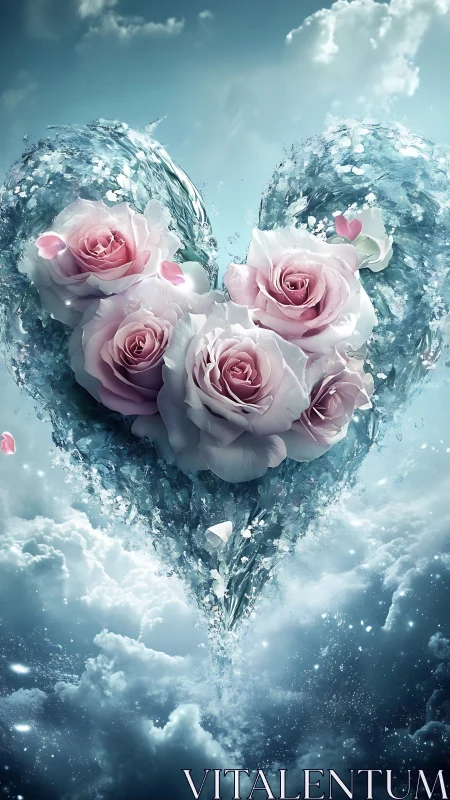 Pink roses embedded within crystalline ice heart formation suspended in clouds