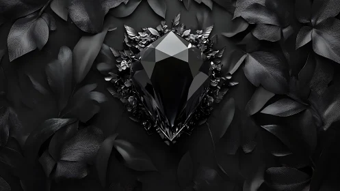 Faceted black crystal rendered against high contrast matte foliage