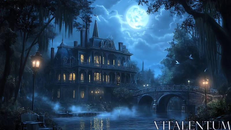 Moonlit river manor quietly brews whispered ghost stories