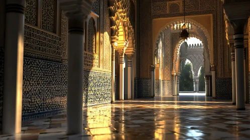 Sunlit Islamic courtyard corridor with ornate arches and tiles