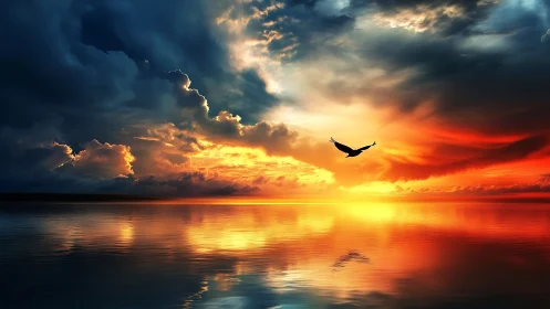 Soaring bird glides across a fiery, peaceful ocean sunset