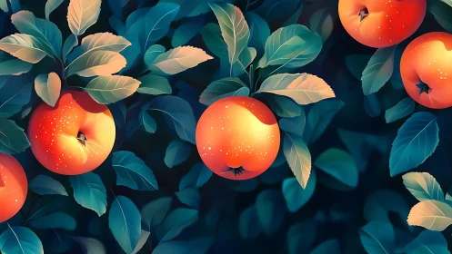 Ripe oranges glow against cool teal orchard foliage.