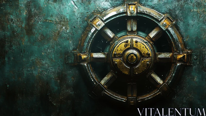 Rusty circular metal vault door on distressed teal wall.
