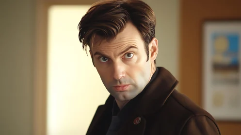 Serious man portrait under soft indoor window light.