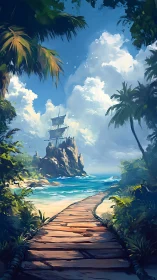 Tropical Island Shipwreck: Wooden Boardwalk Through Verdant Jungle Paradise.