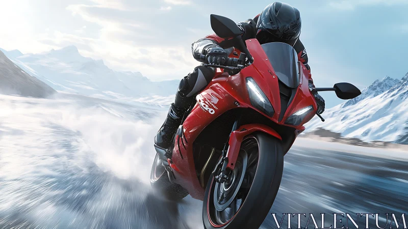 Crimson superbike slices through icy mountain speedway.