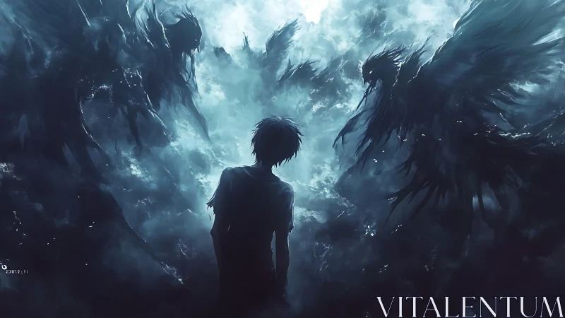 Backlit figure confronting spectral winged entities in storm