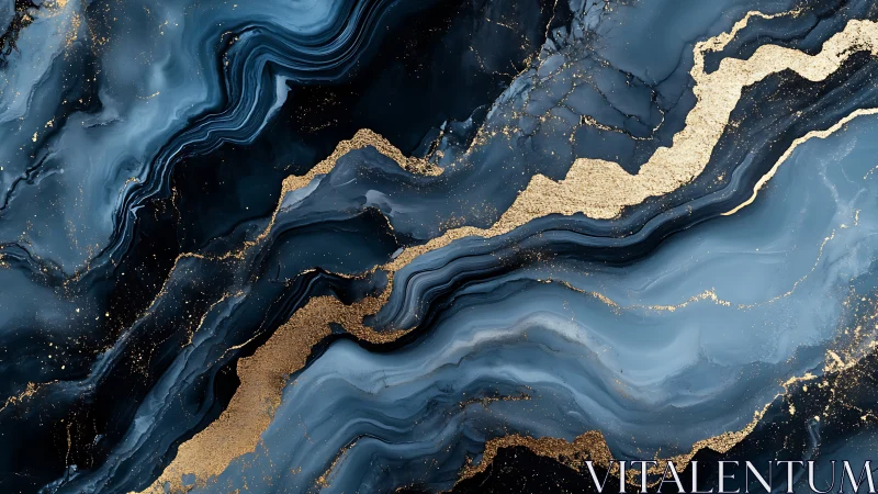 Blue marble waves intersect gold metallic veins in layers