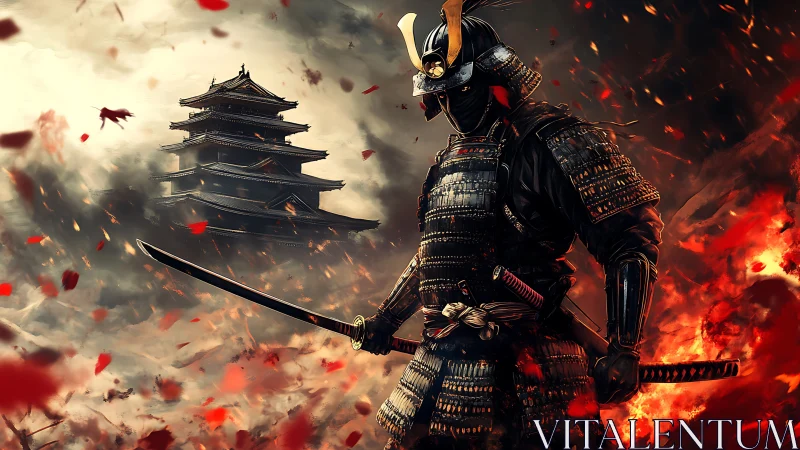 Armored samurai stands before burning fortress in battle.