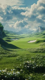 Sunlit mountain golf fairway stretches between wildflower slopes