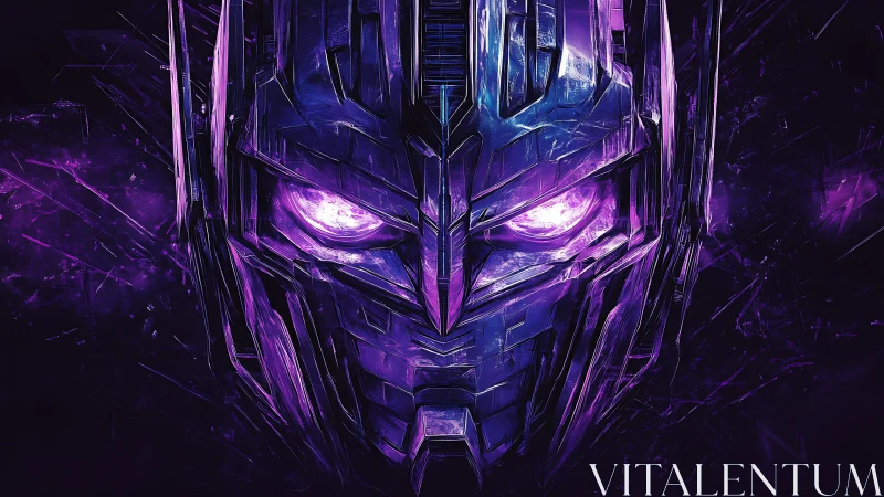 Mechanical face with purple illumination occupies central frame