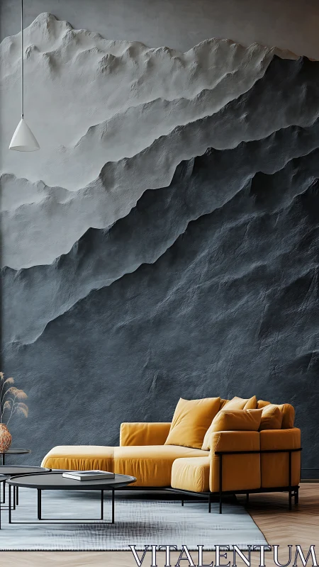 Golden sofa rests beneath sculpted charcoal mountain walls.
